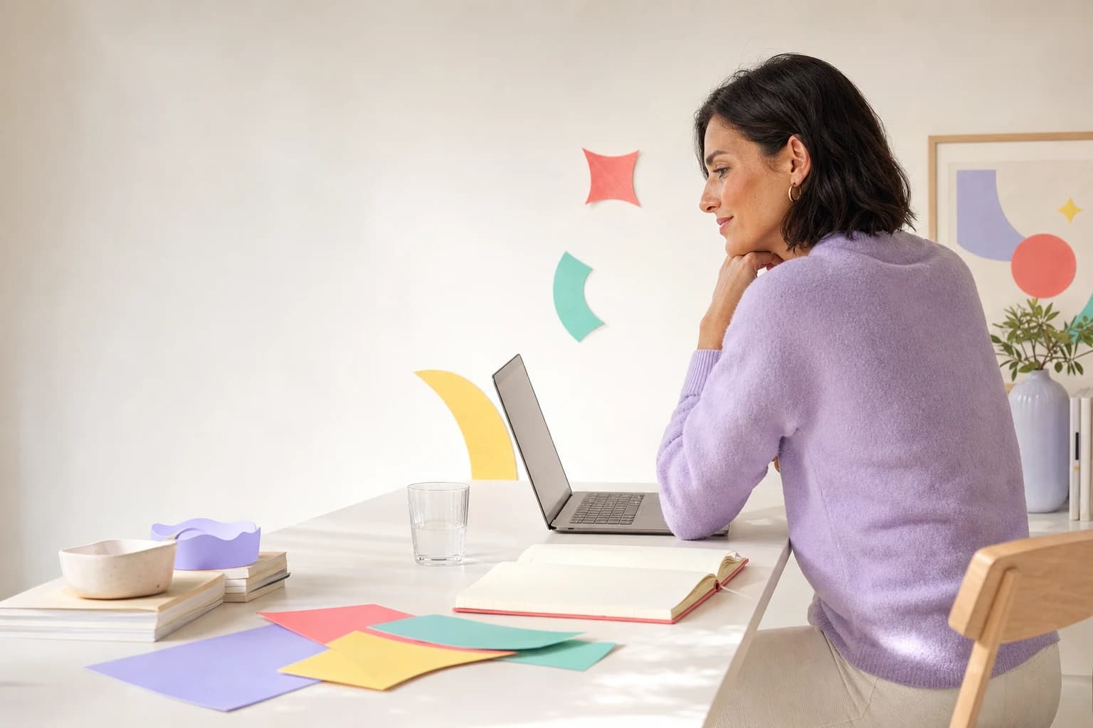 An adult calmly reviewing options at a laptop